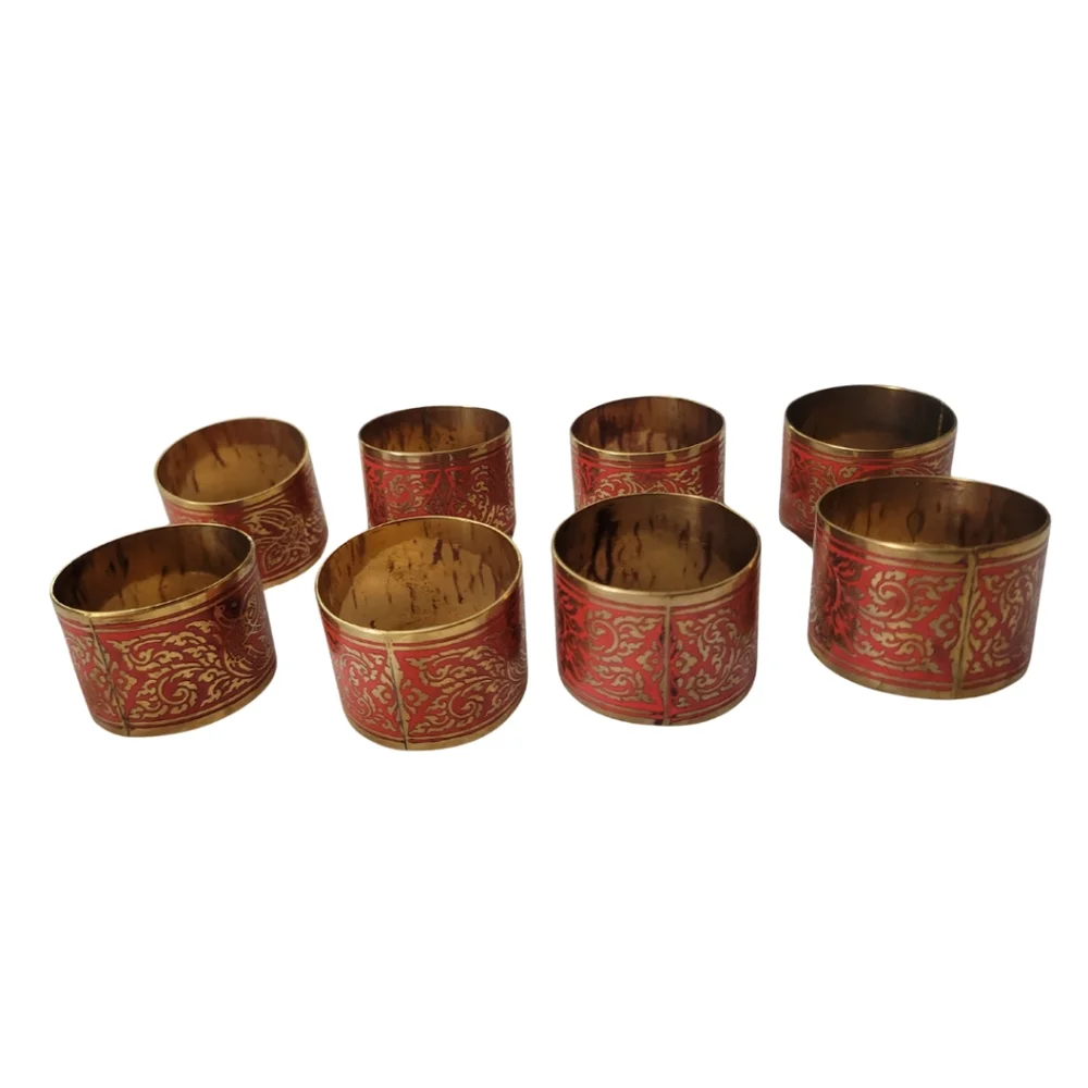 Vintage Thai Napkin Rings Lot Of 12 Brass Red Enamel Traditional Boho Dinner